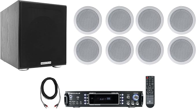 Rockville RPA60BT Home Theater Receiver Amp+ 5.25" White Ceiling Speakers+Sub by Rockville