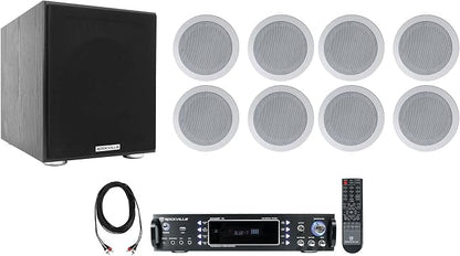 Rockville RPA60BT Home Theater Receiver Amp+ 5.25" White Ceiling Speakers+Sub by Rockville