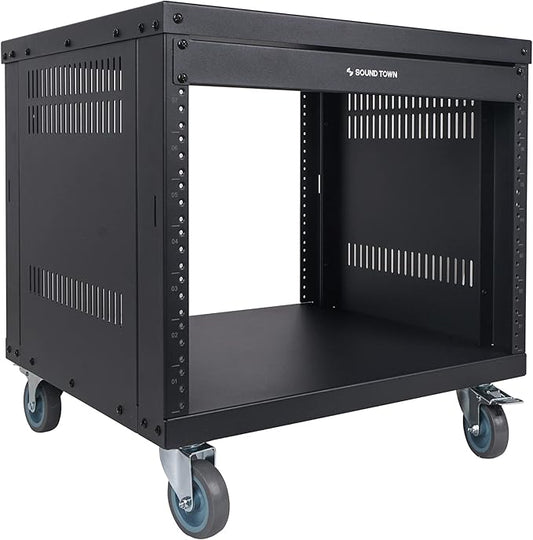 Sound Town 8U Universal Steel Rack, w/Mesh Doors, Locking Casters, Vented Side - Image 2