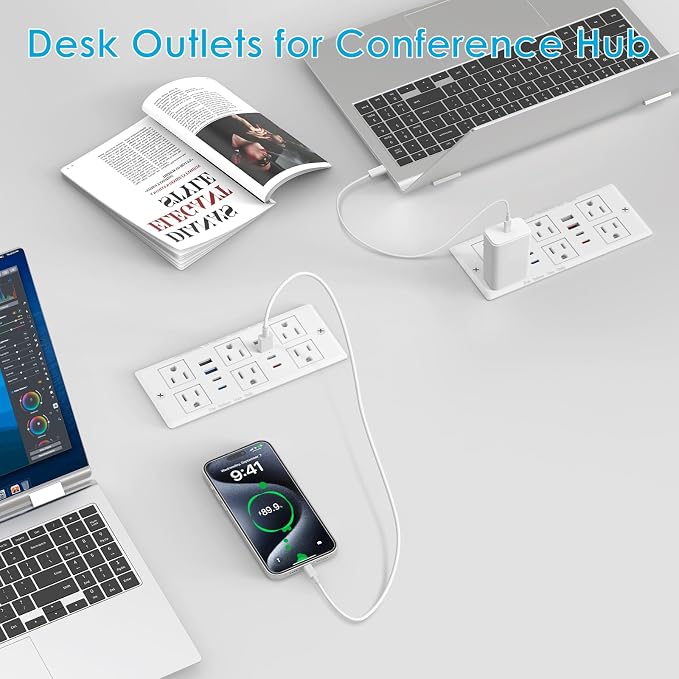 30W Recessed Power Strip USB C, Desk Flush Mount Outlet Plug in 6 AC & 8 USB - Image 5