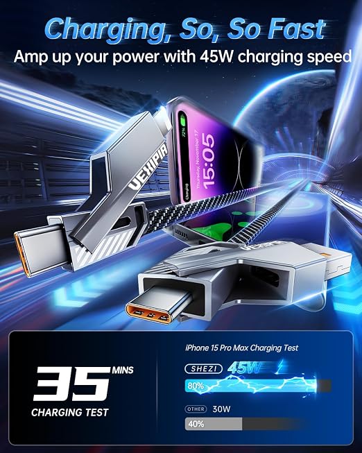 Vexipia 4-in-1 Long USB C Cable 45W 10FT Lightning Cable Fast Charging Flat - Image 4