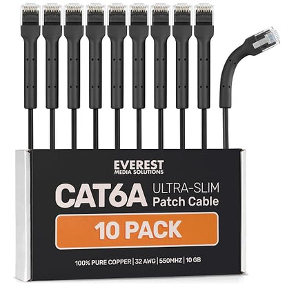 Everest Ultra Slim Cat6a Ethernet Patch Cables 2ft Black by EverestMediaSolutions