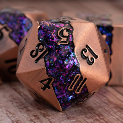 Polyhedral Metal Dice DND, RPG Purple Glitter Stripe Dice Set, Antique Copper - Image 3