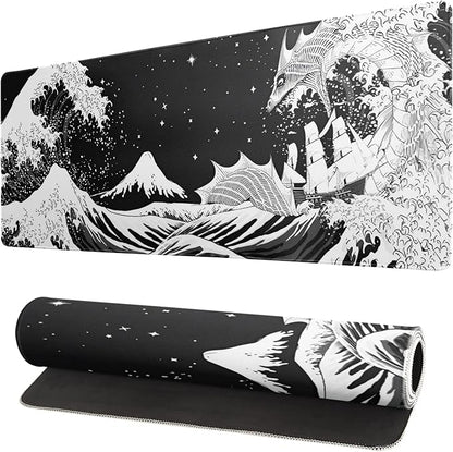 Black and White Japanese Wave Dragon Gaming Mouse Pad by Siski