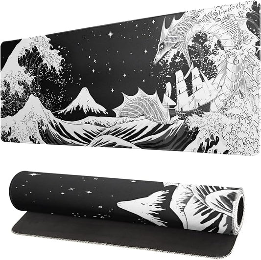 Black and White Japanese Wave Dragon Gaming Mouse Pad by Siski