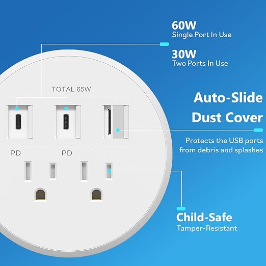LIDER PD 65W GaN Technology Desktop Power Grommet, Power Delivery, USB-A and 2 - Image 2