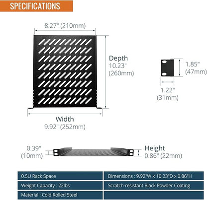 Tecmojo 0.5U Rack Mount Shelf for 10" Server Rack, 10.23" Deep Vented - Image 4
