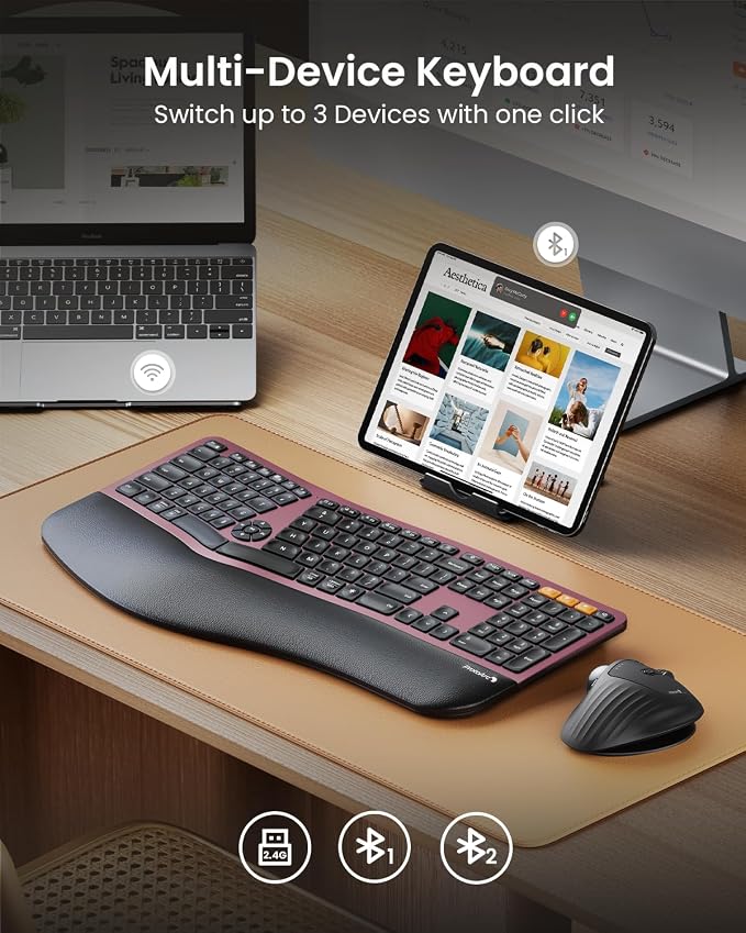 ProtoArc Backlit Bluetooth Ergonomic Keyboard, EK01 Plus Full Size Wireless - Image 3