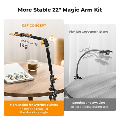 K&F CONCEPT 22" Magic Arm Clamp Kit, Overhead Desk Camera Mount, Long - Image 7