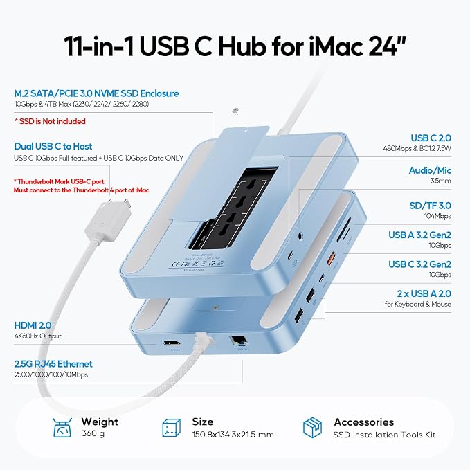 Upgraded 11 in 1 USB C Hub for iMac 24 inch USB Hub 2021 2023 2024 Support M.2 - Image 2