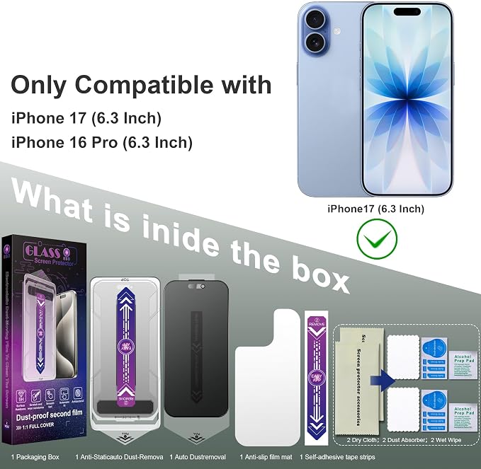 Matte Privacy Screen Protector for iPhone 17, iPhone 16 Pro 6.3-Inch, Auto Dust - Image 6