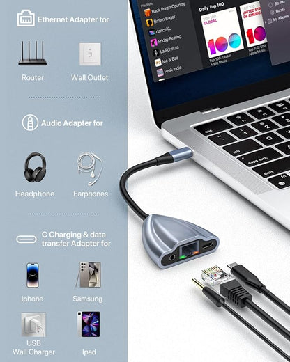 USB C Hub Multiport Adapter, 4 in 1 USB C Spliter to 3.5mm Audio, 1Gbps RJ45 - Image 7