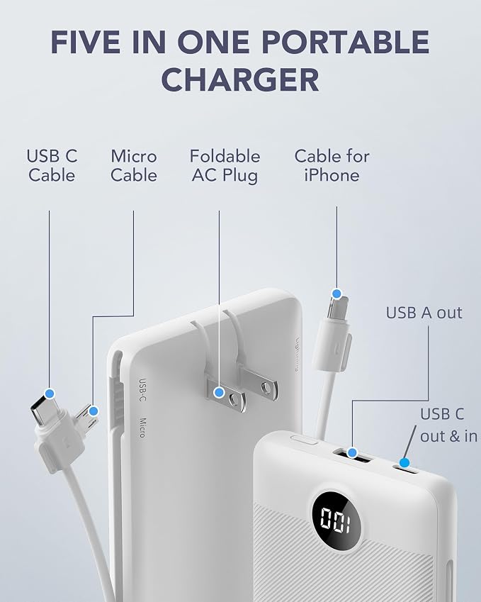 VRURC Portable Charger, Power Bank Built-in Cables and AC Wall Plug, USB C - Image 3