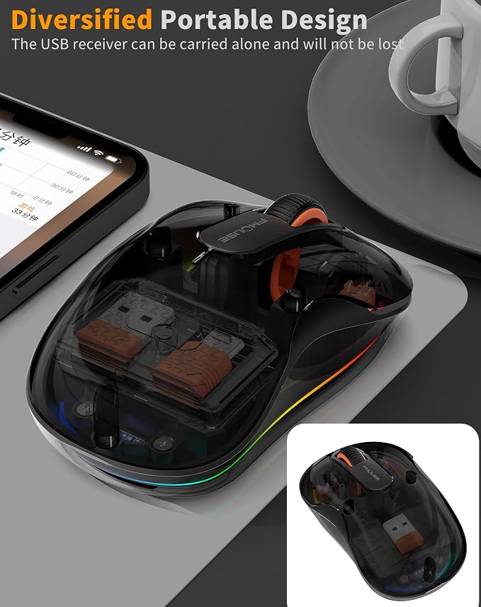 Bluetooth Wireless Mouse, Transparent RGB Tri-Modes Mouse, USB-C Receiver Ideal - Image 8