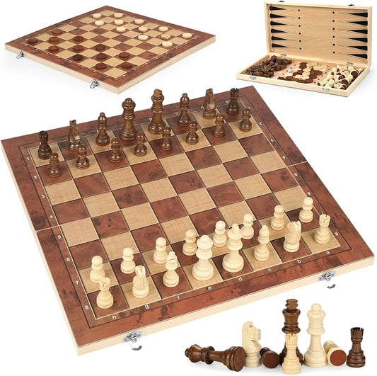 Chess Checkers Backgammon 3-in-1 Board Games Sets, Wooden Chess Set by Chdousha