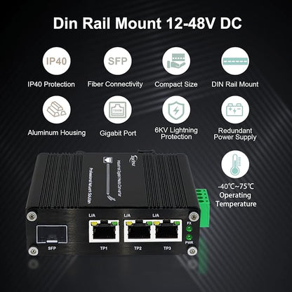 3 Ports Mini Industrial Gigabit Ethernet Switch 10/100/1000Mbps RJ45, - Image 6