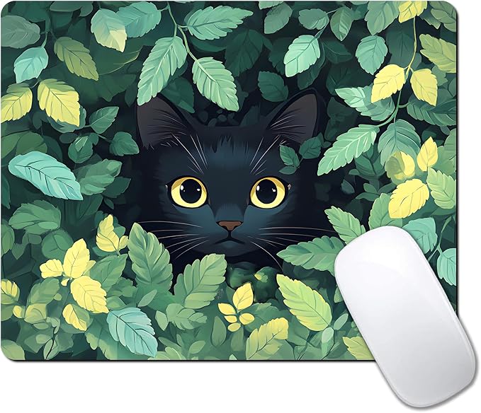 Green Flowers Black Cat Custom Mouse Pad by IMAYONDIA