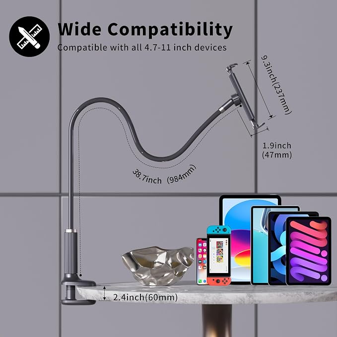 K-MT 【38.7inch/98cm】 Tablet Phone Holder Bed Gooseneck Mount, Mount Holder Clip - Image 3