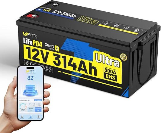 12V 314Ah LiFePO4 Lithium Battery 300Ah BMS, Built-in Metal Frame & Bluetooth by Wattcycle