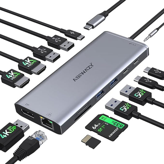 USB C Hub USB-C Docking Station Dual Monitor 14 in 1 Triple Display Multiport by ABIWAZY
