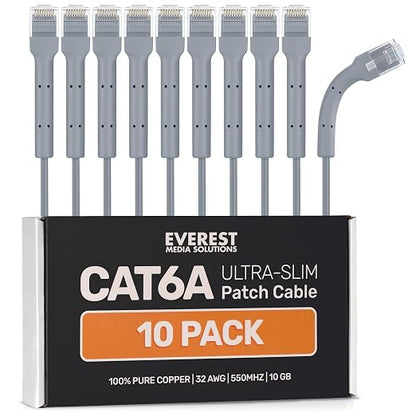 Everest Ultra Slim Cat6a Ethernet Patch Cables 10ft Gray by EverestMediaSolutions
