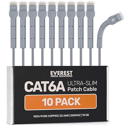 Everest Ultra Slim Cat6a Ethernet Patch Cables 3ft Gray by EverestMediaSolutions