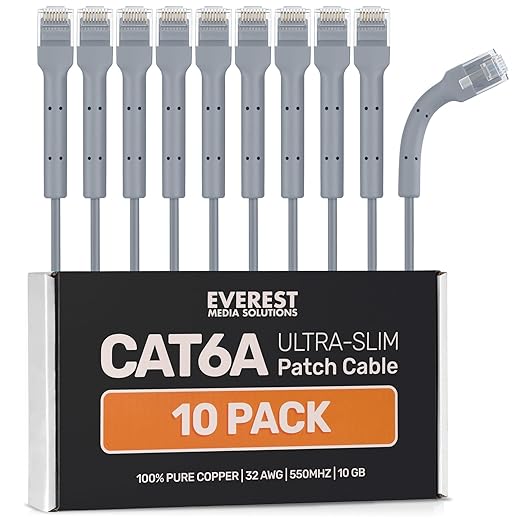 Everest Ultra Slim Cat6a Ethernet Patch Cables 3ft Gray by EverestMediaSolutions