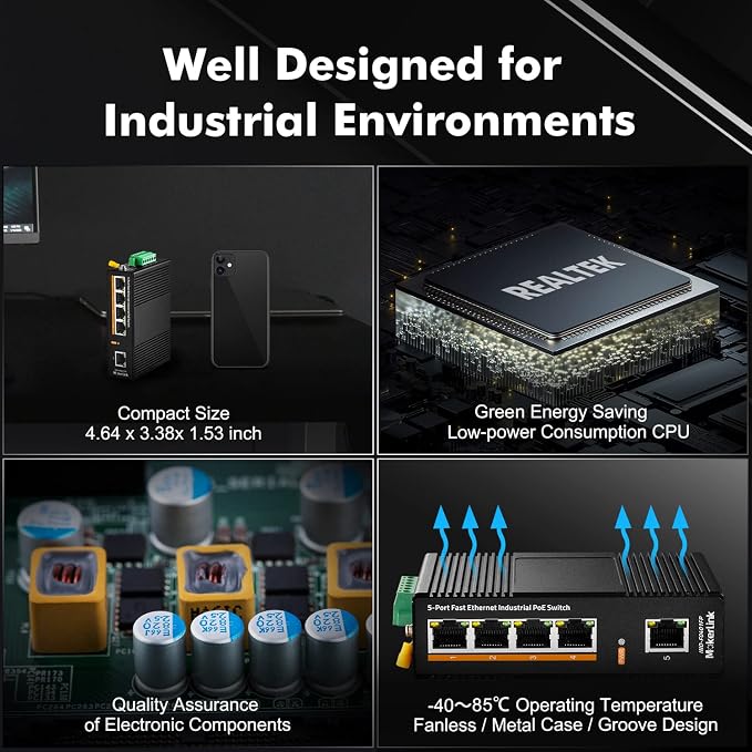MokerLink 5 Port PoE Industrial DIN-Rail Network Switch, 60W IEEE802.3af/at PoE - Image 6