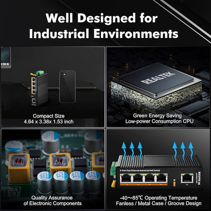 MokerLink 5 Port PoE Industrial DIN-Rail Network Switch, 60W IEEE802.3af/at PoE - Image 6