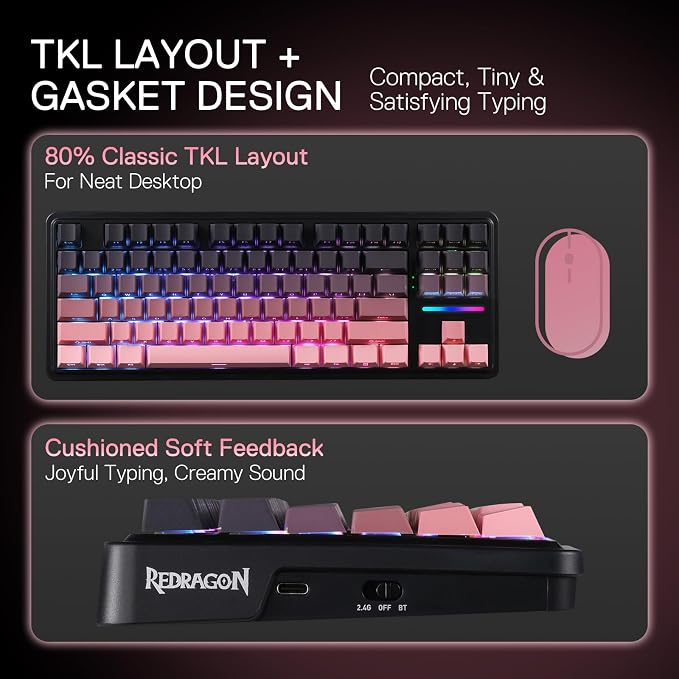 Redragon K728 PRO 80% Wireless Gasket Gaming Keyboard, 3-Mode 87 Keys TKL - Image 4