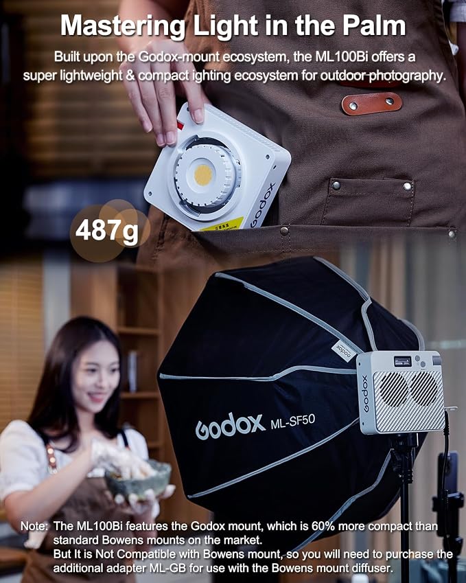 Godox ML100Bi 120W Bi-Color LED Video Light, 2800K-6500K COB Continuous Output - Image 3