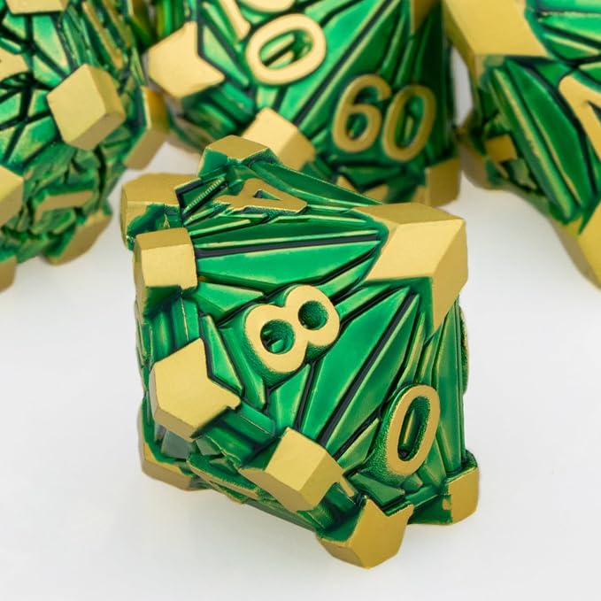 Metal DND Dice Set with Box, Debris RPG Green Golden D and D Dice - Image 4