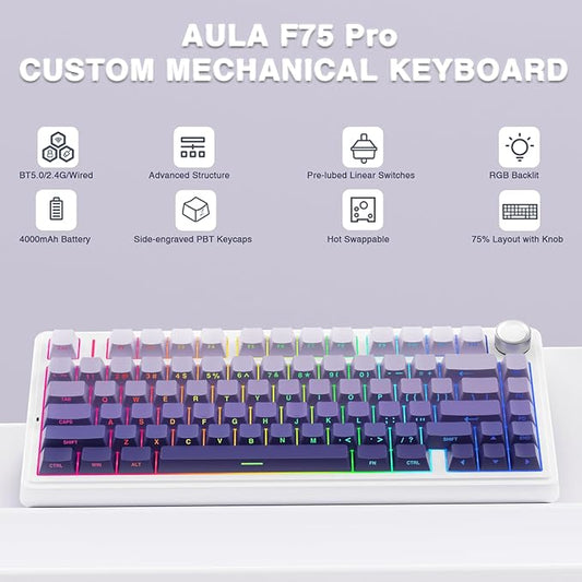 AULA F75 Pro Wireless Mechanical Keyboard, 75% Hot Swappable Custom Keyboard - Image 2