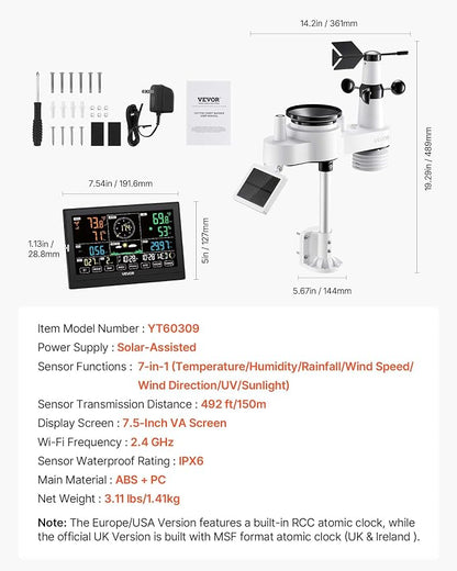 VEVOR 7-in-1 Wireless Weather Station, 7.5-Inch VA Display, Solar Powered - Image 6