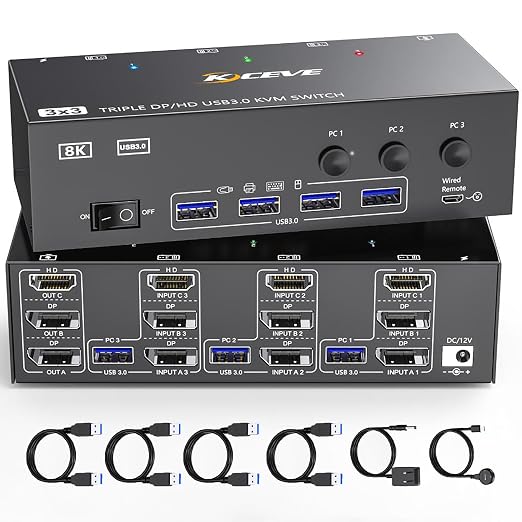 KVM Switch 3 Monitors 3 Computers 8K@60Hz 4K@144Hz, HDMI Dispalyport Triple by Welcometothebrandflagship