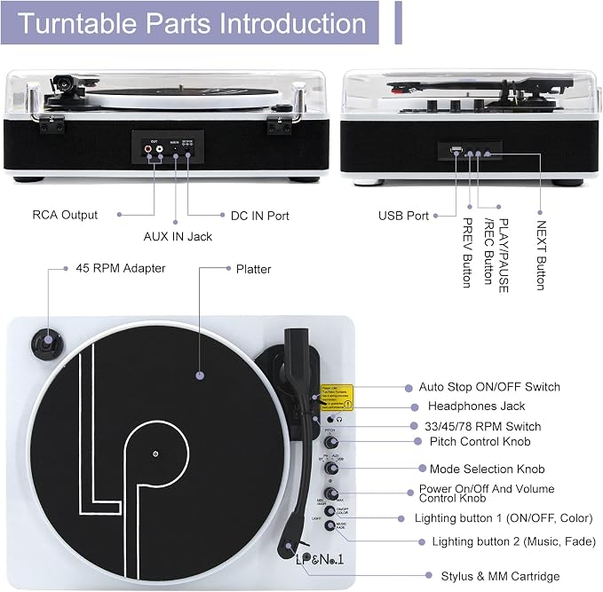 LP&No.1 Record Player with Built-in Stereo Speakers, LED Control, 3-Speed - Image 6