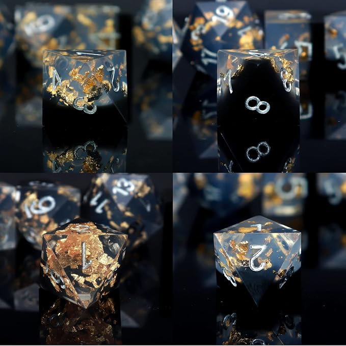 Haxtec DND Dice Set Black Sharp Edge Resin Dice Gold Flakes - Image 4