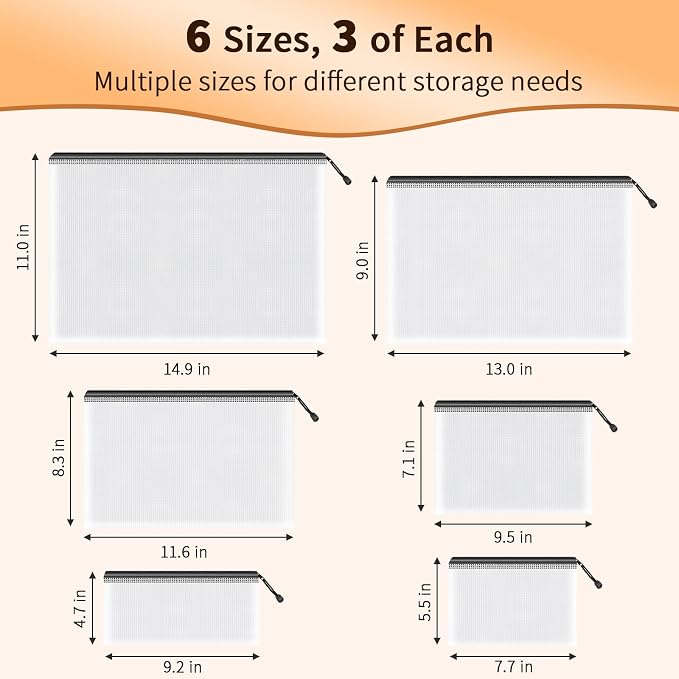 Umriox Zipper Mesh Document Pouch, 6 Assorted Size, Waterproof Travel Pouch - Image 2