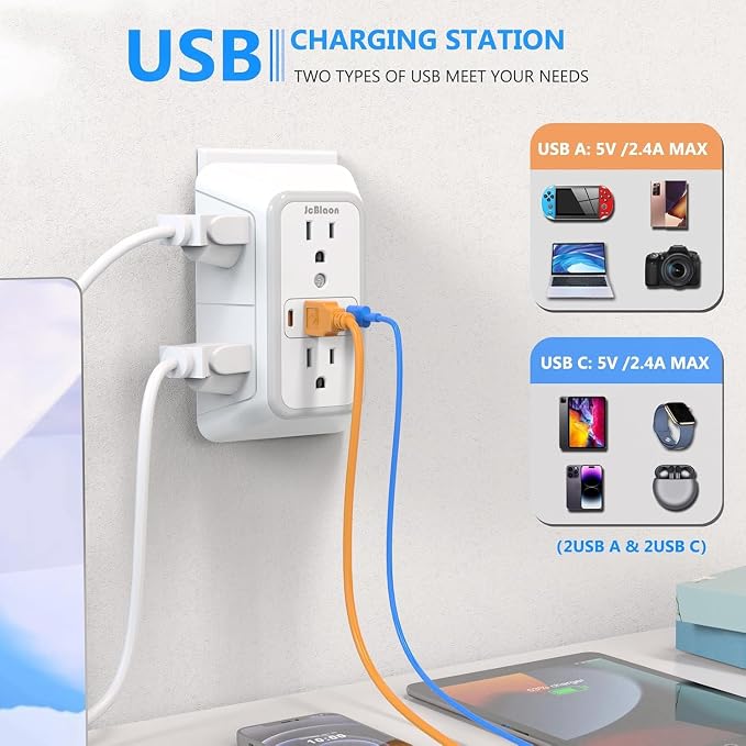 2 Pack Wall Charger, Surge Protector 6 Outlet Extender Multi Plug Wall Outlets - Image 3