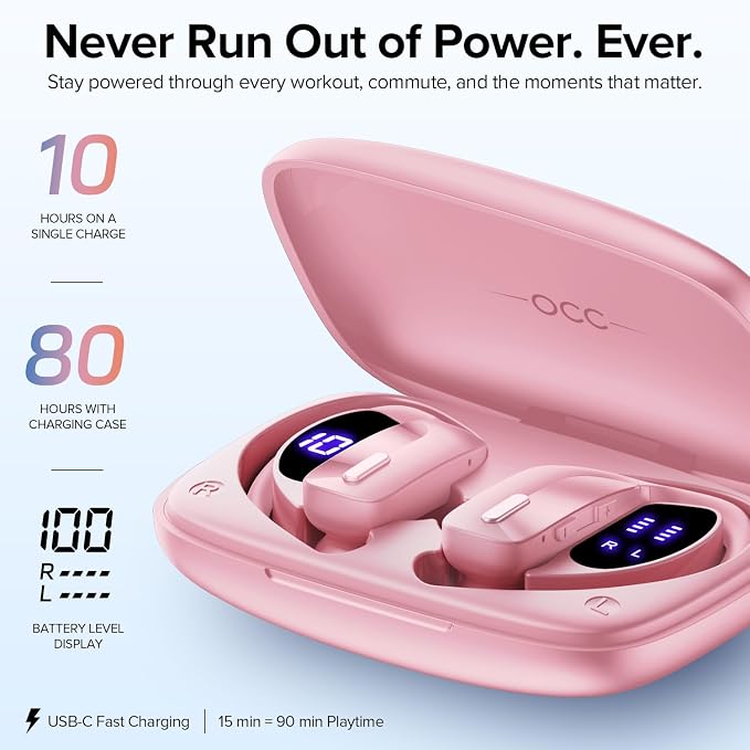 OCC Wireless Ear Hook Sport Earbuds, IPX5 Waterproof, 80H Playtime Earphones - Image 4