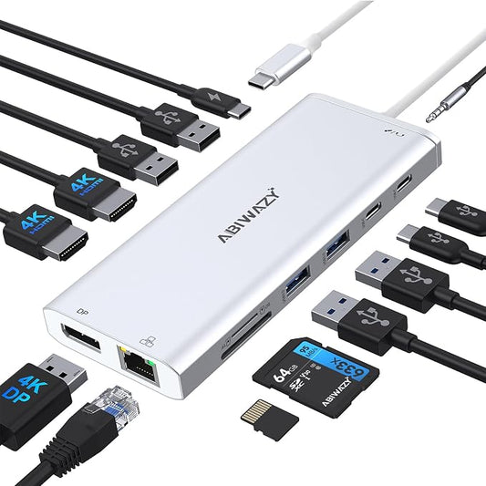 USB C Hub USB-C Docking Station Dual Monitor 14 in 1 Triple Display Multiport by ABIWAZY