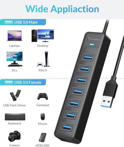 PHIXERO 7 Port USB Hub, 3.3FT/1M Long Cable USB 3.0 Hub Multi USB Port Hub - Image 7