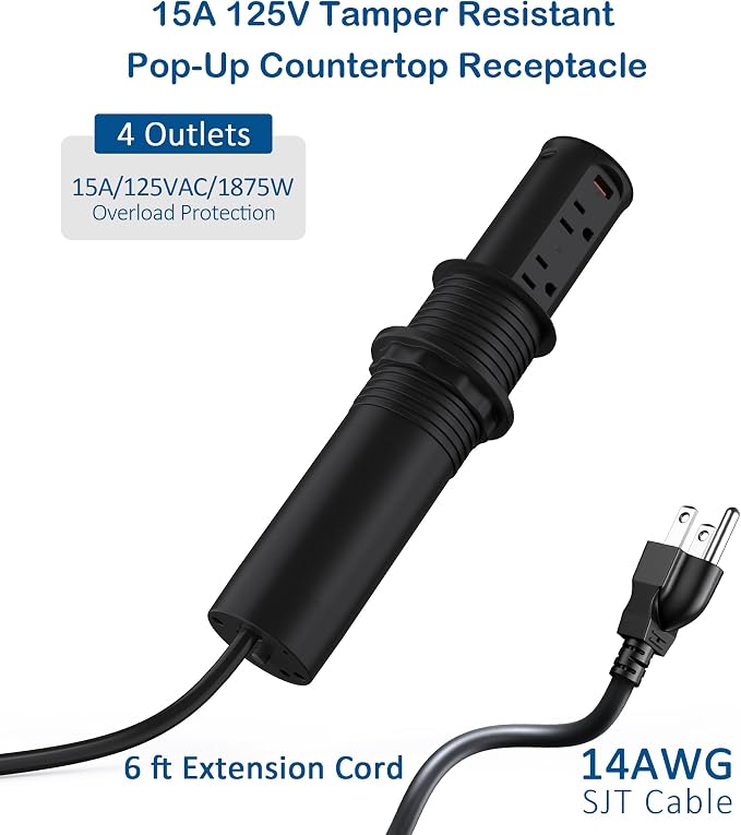 Pop up Outlet for Countertop, 2.5 Inch Hole Desktop Power Grommet, Recessed - Image 7