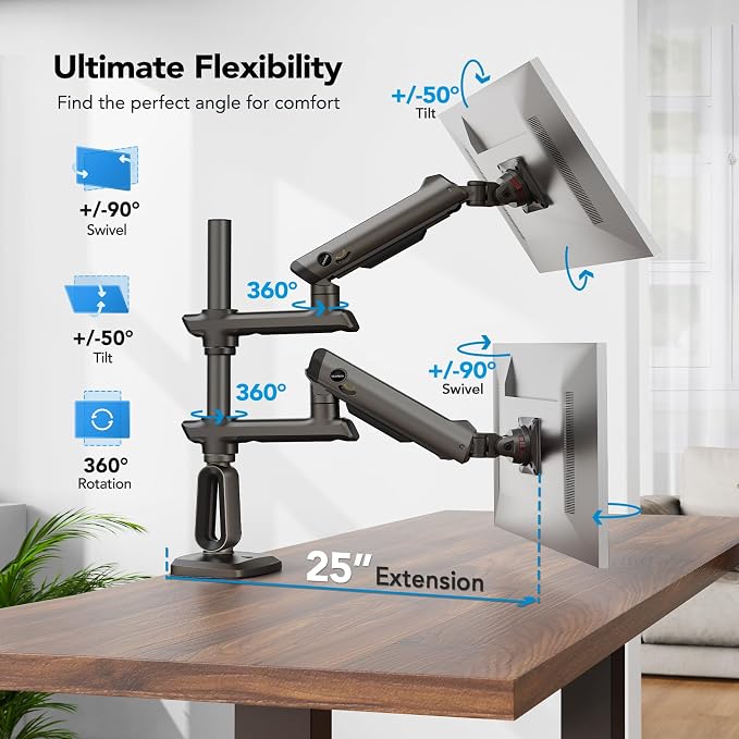 HUANUO Dual Monitor Arm for 13-49" Ultrawide Screens up to 40 lbs, Heavy Duty - Image 5