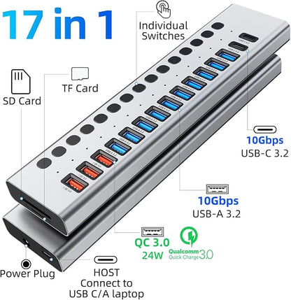 Powered USB Hub 10Gbps, 17 Ports 96W USB 3.2 Hub, 12V/8A Power Adapter - Image 2