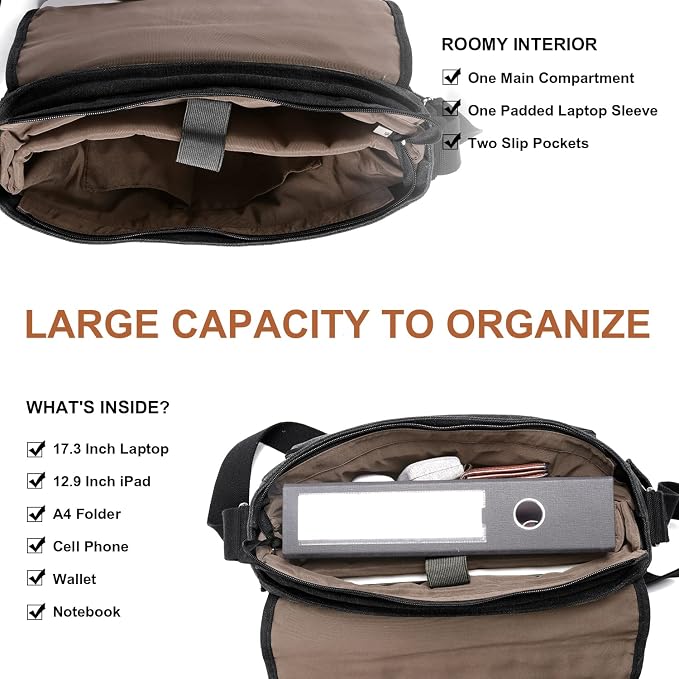 ESTARER Messenger Bag 17-17.3 Inch, Men's Computer Bag Water-resistant Canvas - Image 3
