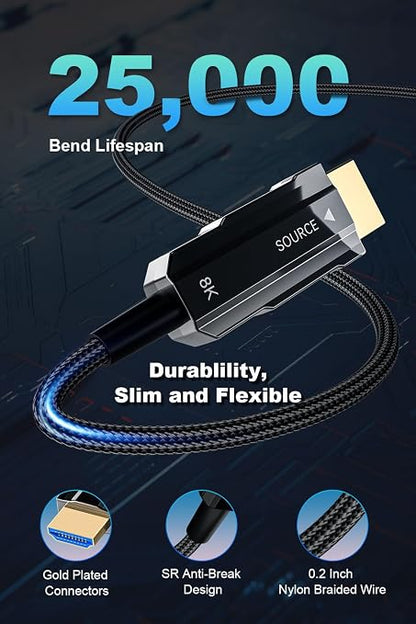 8K Long HDMI 2.1 Cable 50ft, Fiber Optic HDMI Cable Braided Cord, High Speed - Image 8