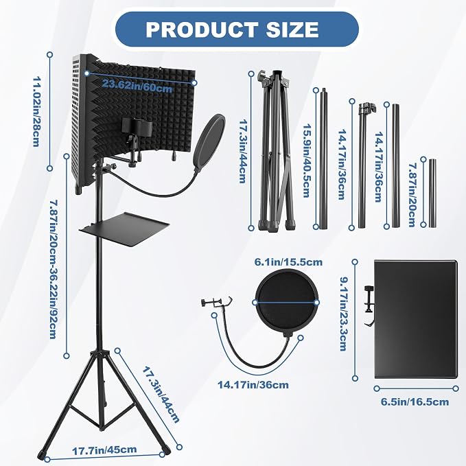 Studio Microphone Stand with Isolation Shield & Pop Filter, 5-Sided Tri-Layer - Image 6
