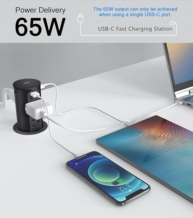 Pop up Outlet for Countertop, 65W USB C Fast Charging Port, 2.5-inch Hole - Image 4