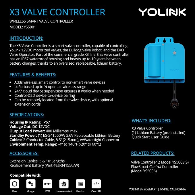 YoLink X3 Valve Controller Kit, 3/4" Brass Motorized Ball Valve, LoRa Long Range - Image 2